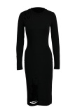 Black Fashion Sexy Regular Sleeve Long Sleeve O Neck Mid Calf Solid Dresses