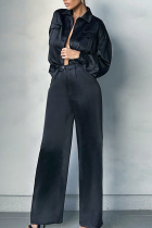 Black Casual Solid Split Joint Turndown Collar Long Sleeve Two Pieces