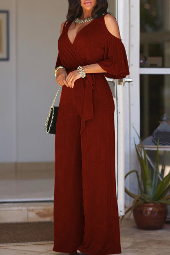 Burgundy Fashion Casual Solid Hollowed Out V Neck Regular Jumpsuits