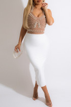 White Fashion Sexy Patchwork Backless Slit Beading Halter Sleeveless Dress