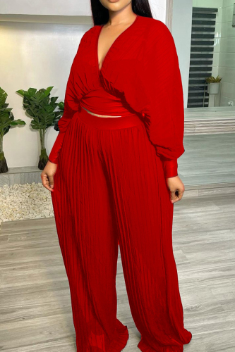 Red Fashion Casual Solid See-through V Neck Long Sleeve Two Pieces