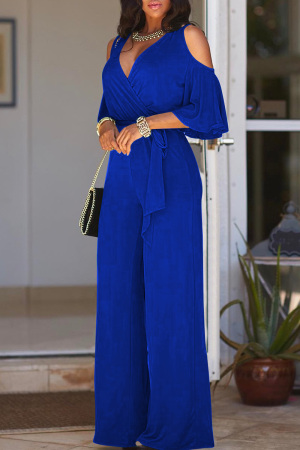 Royal Blue Fashion Casual Solid Hollowed Out V Neck Regular Jumpsuits
