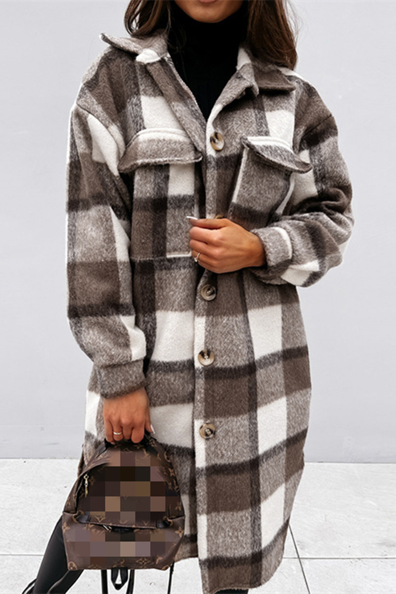 

Dark Coffee Fashion Casual Plaid Cardigan Turndown Collar Outerwear