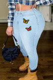 Light Blue Casual Solid Embroidered Patchwork High Waist Denim Jeans