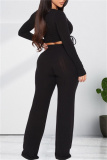 Black Fashion Casual Solid Draw String Frenulum Square Collar Long Sleeve Two Pieces