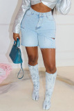 Light Blue Casual Street Solid Ripped Patchwork High Waist Straight Denim Shorts