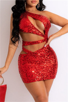Red Fashion Sexy Patchwork Hollowed Out Sequins Backless One Shoulder Sleeveless Dress