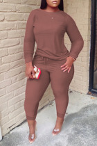 Brown Casual Solid Split Joint O Neck Plus Size Two Pieces