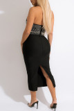 Black Fashion Sexy Patchwork Backless Slit Beading Halter Sleeveless Dress