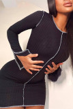 Black Fashion Sexy Solid Patchwork O Neck Long Sleeve Dresses
