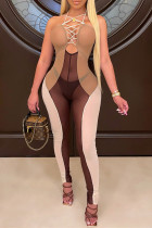 Brown Fashion Sexy Patchwork Bandage See-through Backless Spaghetti Strap Skinny Jumpsuits