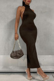 Brown Fashion Sexy Solid Backless Turtleneck Sleeveless Dress Dresses