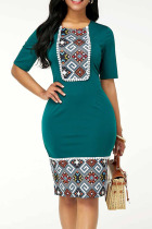 Green Casual Print Split Joint O Neck Straight Dresses