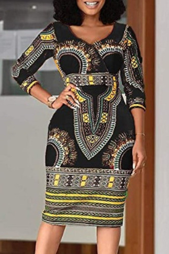 Black Casual Print Patchwork V Neck One Step Skirt Dresses