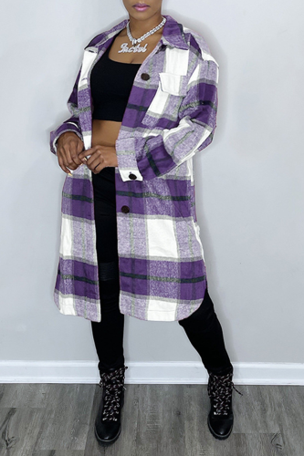 Purple Casual Plaid Patchwork Turndown Collar Outerwear