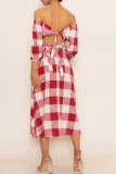 Red Sexy Plaid Print Patchwork Buckle Off the Shoulder Three Quarter Two Pieces