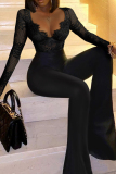 Black Fashion Sexy Solid Patchwork See-through V Neck Skinny Jumpsuits