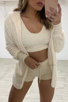 Cream White Casual Living Solid Basic O Neck Long Sleeve Three-piece Set
