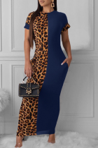 Navy Blue Fashion Leopard Print Tight-Fitting Hip Dress