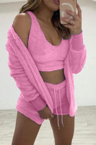 Pink Casual Living Solid Basic O Neck Long Sleeve Three-piece Set