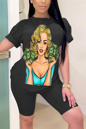 Black Fashion Casual Printed T-shirt Shorts Set