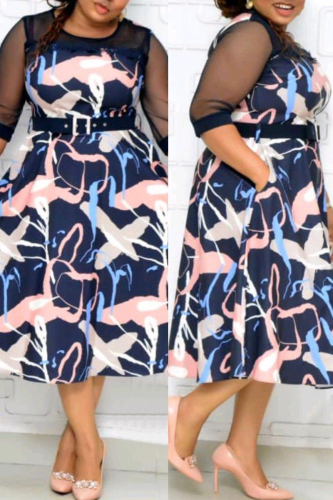 Blue Fashion Sexy Print Patchwork See-through O Neck Plus Size Dresses