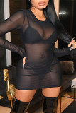 Black Fashion Sexy Solid See-through O Neck Long Sleeve Dresses