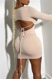 Apricot Fashion Sexy Solid Bandage Backless O Neck Long Sleeve Dresses