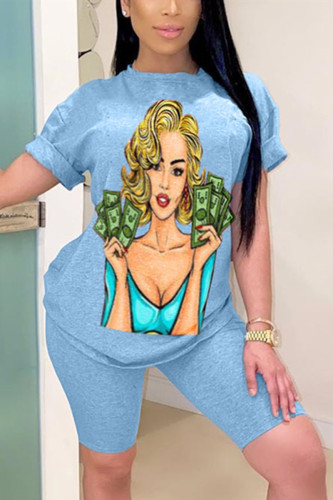 Sky Blue Fashion Casual Printed T-shirt Shorts Set