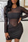 Black Fashion Sexy Patchwork See-through O Neck Long Sleeve Dresses
