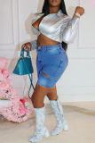 Light Blue Fashion Casual Solid Ripped Regular High Waist Conventional Solid Color Plus Size Denim Shorts
