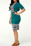 Green Casual Print Patchwork O Neck Straight Dresses