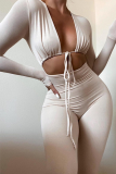 Black Sexy Solid Hollowed Out V Neck Skinny Jumpsuits