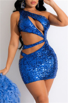 Blue Fashion Sexy Patchwork Hollowed Out Sequins Backless One Shoulder Sleeveless Dress