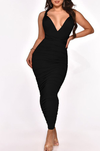 Black Sexy Solid Patchwork Frenulum Fold Asymmetrical One Step Skirt Dresses