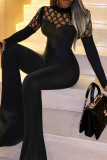 Black Fashion Sexy Patchwork Hollowed Out O Neck Regular Jumpsuits