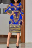 Blue Casual Print Patchwork V Neck One Step Skirt Dresses
