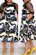 Black Fashion Sexy Print Split Joint See-through O Neck Plus Size Dresses