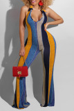 Red Sexy Striped Print Bandage Patchwork Backless Halter Boot Cut Jumpsuits