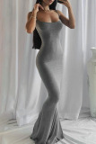 Grey Sexy Solid Patchwork Spaghetti Strap Sling Dress Dresses
