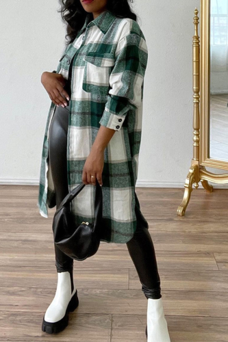 Green Casual Plaid Patchwork Turndown Collar Outerwear