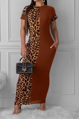 Brown Fashion Leopard Print Tight-Fitting Hip Dress