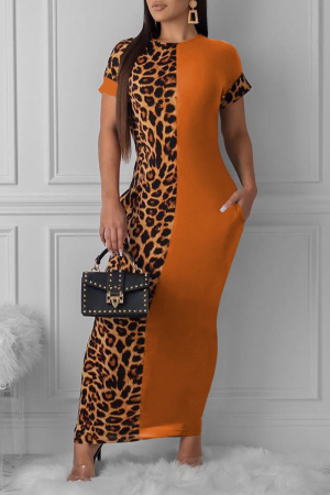 Orange Fashion Leopard Print Tight-Fitting Hip Dress