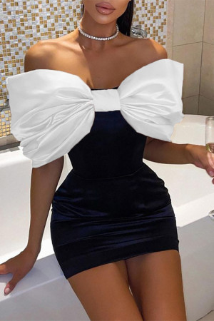 White Fashion Sexy Patchwork With Bow Strapless Evening Dress