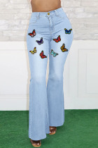 Baby Blue Street Solid Embroidered Patchwork High Waist Denim Jeans