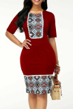 Red Casual Print Patchwork O Neck Straight Dresses