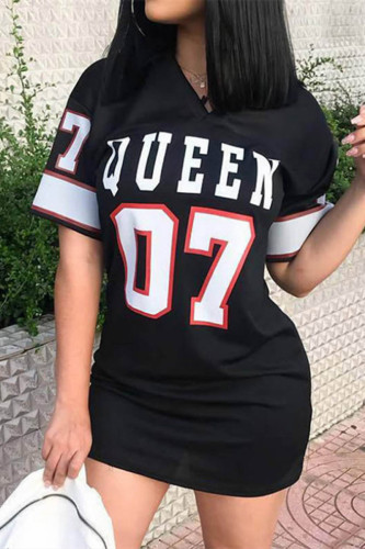 Black Fashion Casual Print Patchwork V Neck Short Sleeve Dress