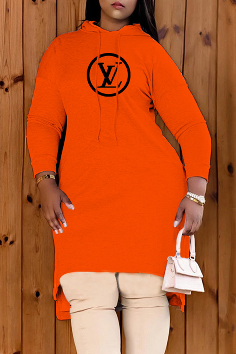 

Orange Fashion Casual Print Split Joint Hooded Collar Dresses