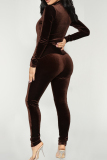 Brown Fashion Casual Solid Patchwork Zipper Collar Skinny Jumpsuits