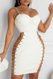 White Sexy Solid Hollowed Out Patchwork Chains Backless Spaghetti Strap Sleeveless Dress